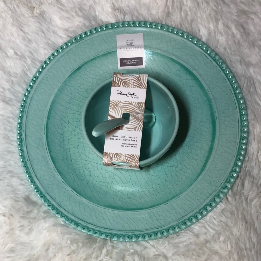 🩵 Panama Jack Bowl with Spoon & The Farmhouse Rachel Ashwell Plate Teal NWT 🩵